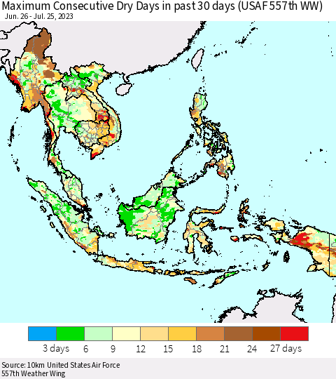 South East Asia Maximum Consecutive Dry Days in past 30 days (USAF 557th WW) 07/25/2023 Thematic Map For 7/21/2023 - 7/25/2023