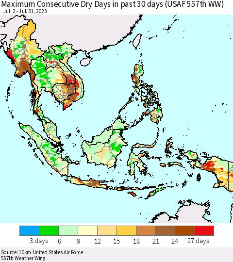 South East Asia Maximum Consecutive Dry Days in past 30 days (USAF 557th WW) 07/31/2023 Thematic Map For 7/26/2023 - 7/31/2023