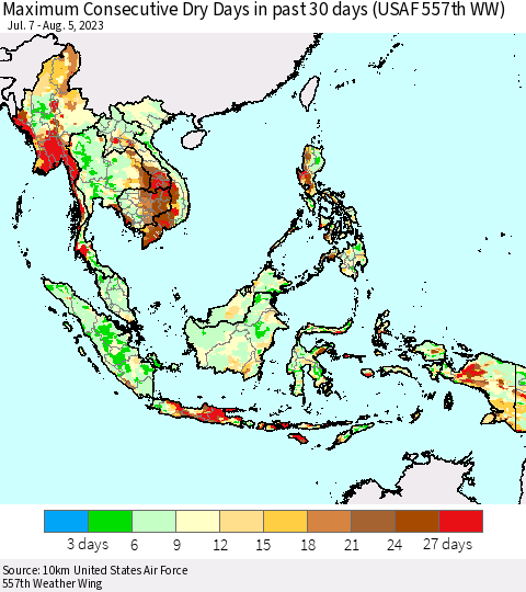 South East Asia Maximum Consecutive Dry Days in past 30 days (USAF 557th WW) 08/05/2023 Thematic Map For 8/1/2023 - 8/5/2023