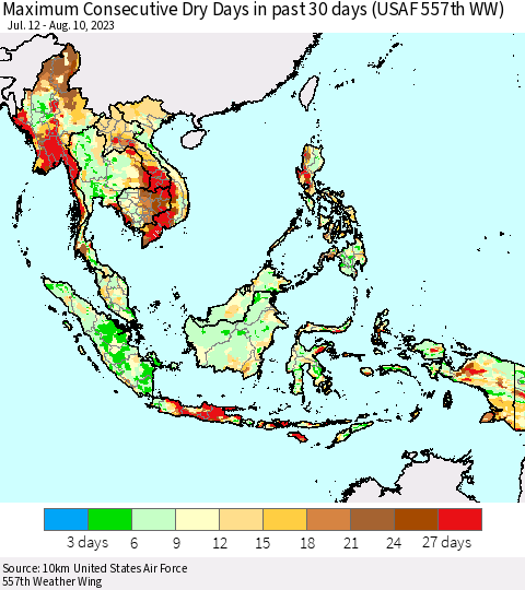 South East Asia Maximum Consecutive Dry Days in past 30 days (USAF 557th WW) 08/10/2023 Thematic Map For 8/6/2023 - 8/10/2023