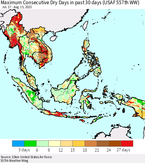 South East Asia Maximum Consecutive Dry Days in past 30 days (USAF 557th WW) 08/15/2023 Thematic Map For 8/11/2023 - 8/15/2023