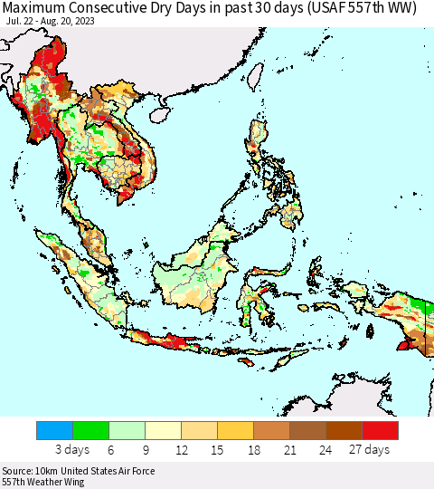 South East Asia Maximum Consecutive Dry Days in past 30 days (USAF 557th WW) 08/20/2023 Thematic Map For 8/16/2023 - 8/20/2023