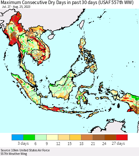 South East Asia Maximum Consecutive Dry Days in past 30 days (USAF 557th WW) 08/25/2023 Thematic Map For 8/21/2023 - 8/25/2023