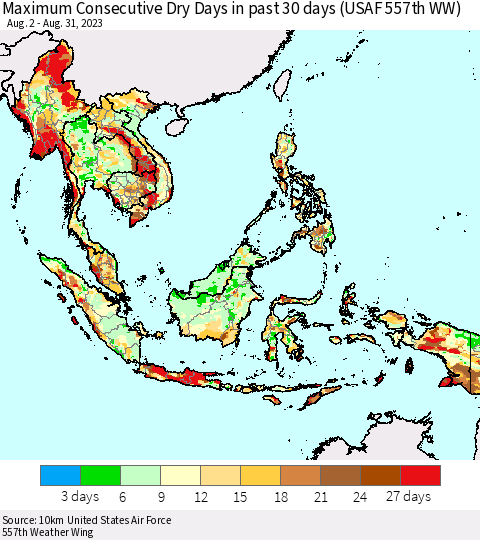 South East Asia Maximum Consecutive Dry Days in past 30 days (USAF 557th WW) 08/31/2023 Thematic Map For 8/26/2023 - 8/31/2023