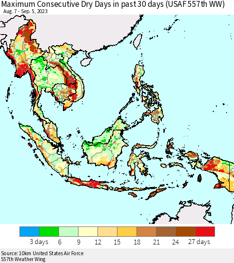 South East Asia Maximum Consecutive Dry Days in past 30 days (USAF 557th WW) 09/05/2023 Thematic Map For 9/1/2023 - 9/5/2023