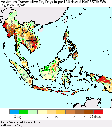 South East Asia Maximum Consecutive Dry Days in past 30 days (USAF 557th WW) 09/25/2023 Thematic Map For 9/21/2023 - 9/25/2023