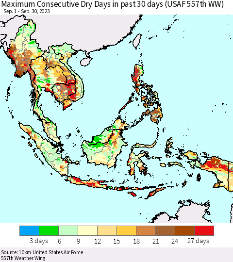 South East Asia Maximum Consecutive Dry Days in past 30 days (USAF 557th WW) 09/30/2023 Thematic Map For 9/26/2023 - 9/30/2023