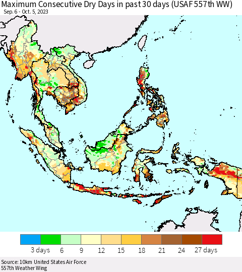 South East Asia Maximum Consecutive Dry Days in past 30 days (USAF 557th WW) 10/05/2023 Thematic Map For 10/1/2023 - 10/5/2023