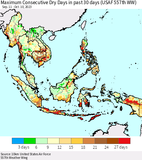 South East Asia Maximum Consecutive Dry Days in past 30 days (USAF 557th WW) 10/10/2023 Thematic Map For 10/6/2023 - 10/10/2023