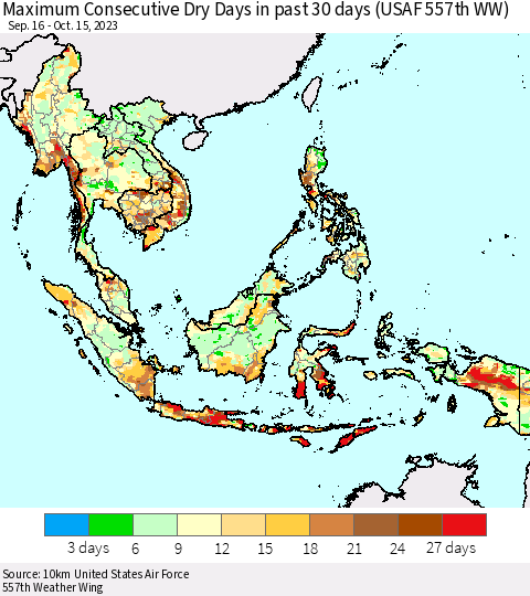 South East Asia Maximum Consecutive Dry Days in past 30 days (USAF 557th WW) 10/15/2023 Thematic Map For 10/11/2023 - 10/15/2023