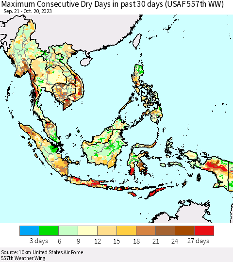 South East Asia Maximum Consecutive Dry Days in past 30 days (USAF 557th WW) 10/20/2023 Thematic Map For 10/16/2023 - 10/20/2023