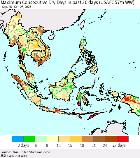 South East Asia Maximum Consecutive Dry Days in past 30 days (USAF 557th WW) 10/25/2023 Thematic Map For 10/21/2023 - 10/25/2023