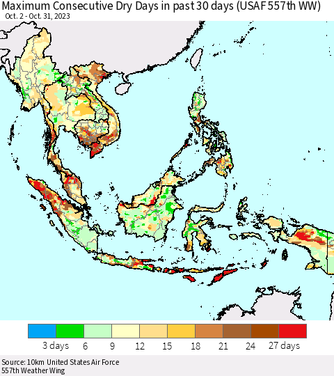 South East Asia Maximum Consecutive Dry Days in past 30 days (USAF 557th WW) 10/31/2023 Thematic Map For 10/26/2023 - 10/31/2023