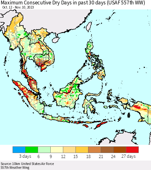 South East Asia Maximum Consecutive Dry Days in past 30 days (USAF 557th WW) 11/10/2023 Thematic Map For 11/6/2023 - 11/10/2023