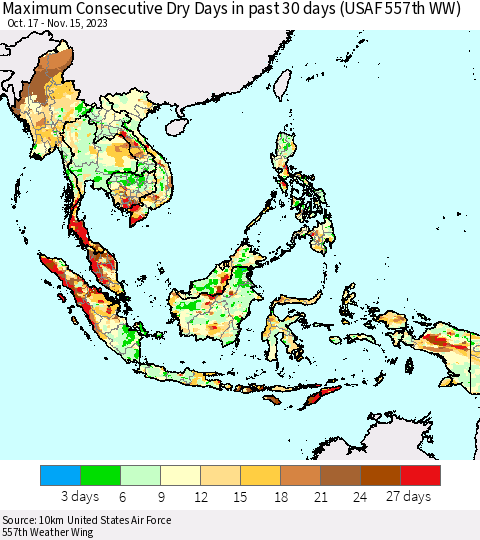 South East Asia Maximum Consecutive Dry Days in past 30 days (USAF 557th WW) 11/15/2023 Thematic Map For 11/11/2023 - 11/15/2023