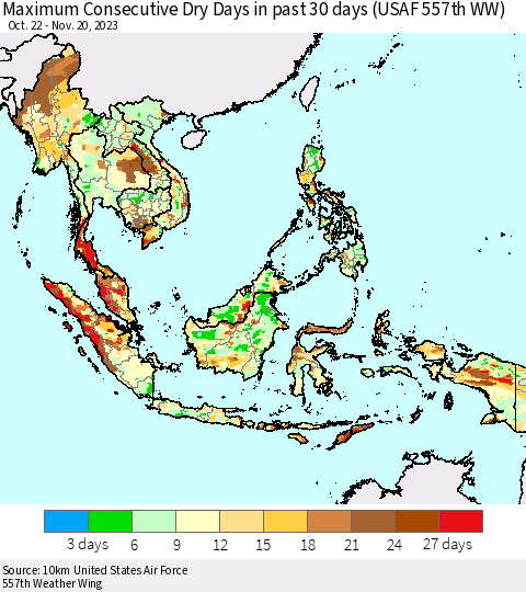 South East Asia Maximum Consecutive Dry Days in past 30 days (USAF 557th WW) 11/20/2023 Thematic Map For 11/16/2023 - 11/20/2023