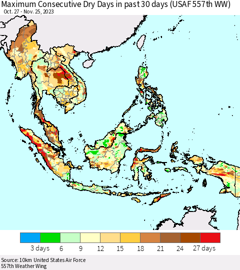 South East Asia Maximum Consecutive Dry Days in past 30 days (USAF 557th WW) 11/25/2023 Thematic Map For 11/21/2023 - 11/25/2023