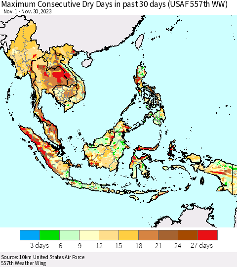South East Asia Maximum Consecutive Dry Days in past 30 days (USAF 557th WW) 11/30/2023 Thematic Map For 11/26/2023 - 11/30/2023