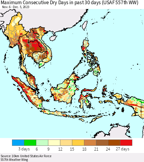 South East Asia Maximum Consecutive Dry Days in past 30 days (USAF 557th WW) 12/05/2023 Thematic Map For 12/1/2023 - 12/5/2023