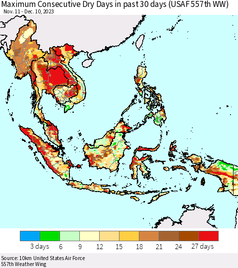 South East Asia Maximum Consecutive Dry Days in past 30 days (USAF 557th WW) 12/10/2023 Thematic Map For 12/6/2023 - 12/10/2023