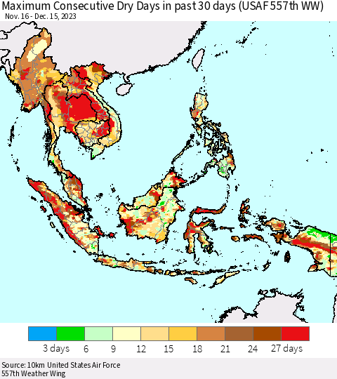 South East Asia Maximum Consecutive Dry Days in past 30 days (USAF 557th WW) 12/15/2023 Thematic Map For 12/11/2023 - 12/15/2023