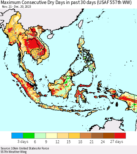 South East Asia Maximum Consecutive Dry Days in past 30 days (USAF 557th WW) 12/20/2023 Thematic Map For 12/16/2023 - 12/20/2023