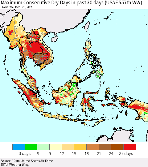 South East Asia Maximum Consecutive Dry Days in past 30 days (USAF 557th WW) 12/25/2023 Thematic Map For 12/21/2023 - 12/25/2023