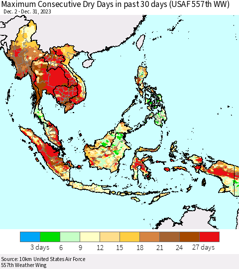 South East Asia Maximum Consecutive Dry Days in past 30 days (USAF 557th WW) 12/31/2023 Thematic Map For 12/26/2023 - 12/31/2023