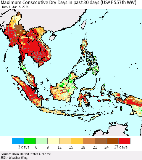 South East Asia Maximum Consecutive Dry Days in past 30 days (USAF 557th WW) 01/05/2024 Thematic Map For 1/1/2024 - 1/5/2024