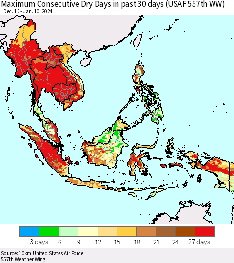 South East Asia Maximum Consecutive Dry Days in past 30 days (USAF 557th WW) 01/10/2024 Thematic Map For 1/6/2024 - 1/10/2024
