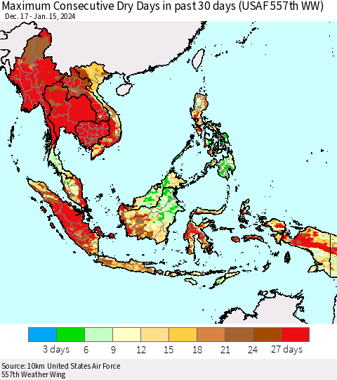 South East Asia Maximum Consecutive Dry Days in past 30 days (USAF 557th WW) 01/15/2024 Thematic Map For 1/11/2024 - 1/15/2024