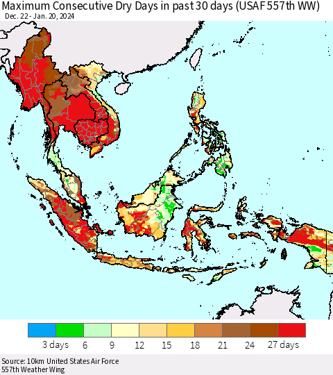 South East Asia Maximum Consecutive Dry Days in past 30 days (USAF 557th WW) 01/20/2024 Thematic Map For 1/16/2024 - 1/20/2024