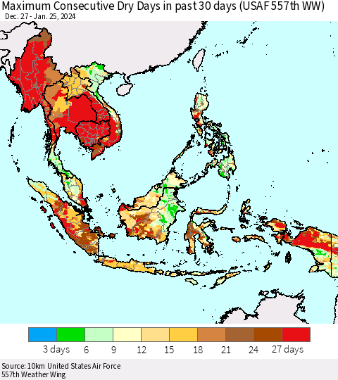 South East Asia Maximum Consecutive Dry Days in past 30 days (USAF 557th WW) 01/25/2024 Thematic Map For 1/21/2024 - 1/25/2024