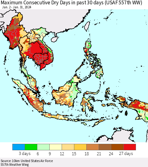 South East Asia Maximum Consecutive Dry Days in past 30 days (USAF 557th WW) 01/31/2024 Thematic Map For 1/26/2024 - 1/31/2024