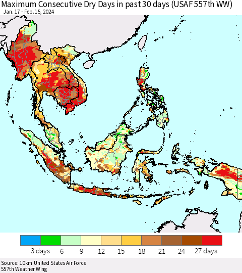 South East Asia Maximum Consecutive Dry Days in past 30 days (USAF 557th WW) 02/15/2024 Thematic Map For 2/11/2024 - 2/15/2024
