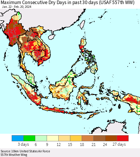 South East Asia Maximum Consecutive Dry Days in past 30 days (USAF 557th WW) 02/20/2024 Thematic Map For 2/16/2024 - 2/20/2024