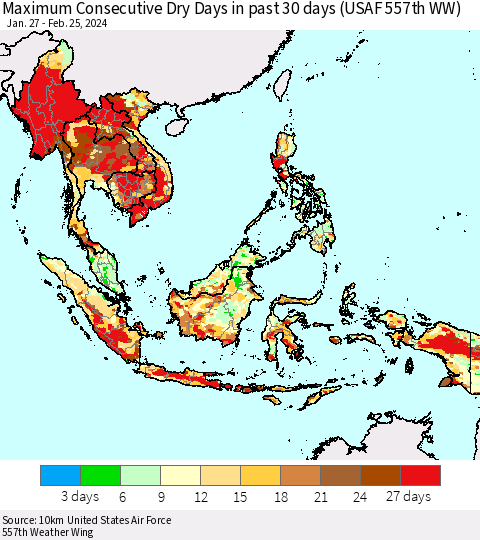 South East Asia Maximum Consecutive Dry Days in past 30 days (USAF 557th WW) 02/25/2024 Thematic Map For 2/21/2024 - 2/25/2024