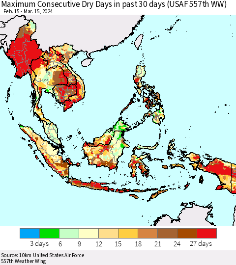South East Asia Maximum Consecutive Dry Days in past 30 days (USAF 557th WW) 03/15/2024 Thematic Map For 3/11/2024 - 3/15/2024