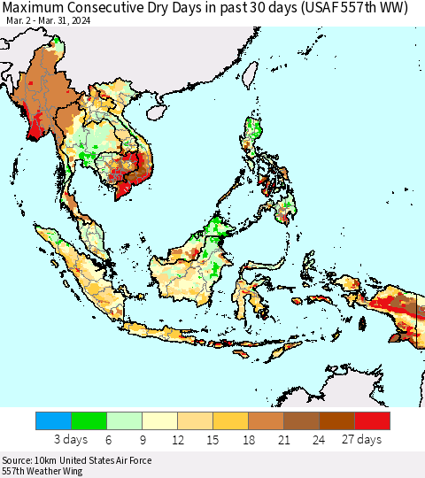 South East Asia Maximum Consecutive Dry Days in past 30 days (USAF 557th WW) 03/31/2024 Thematic Map For 3/26/2024 - 3/31/2024