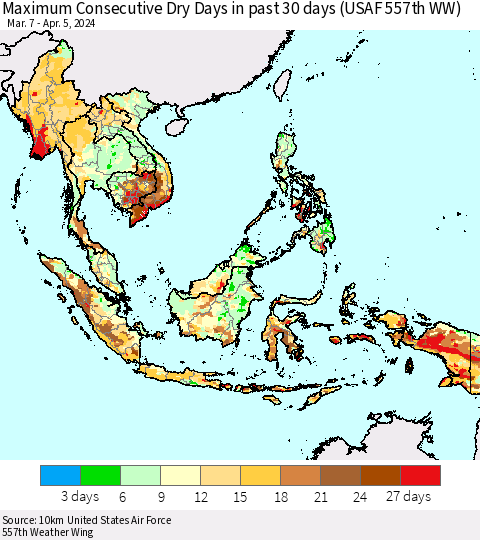 South East Asia Maximum Consecutive Dry Days in past 30 days (USAF 557th WW) 04/05/2024 Thematic Map For 4/1/2024 - 4/5/2024