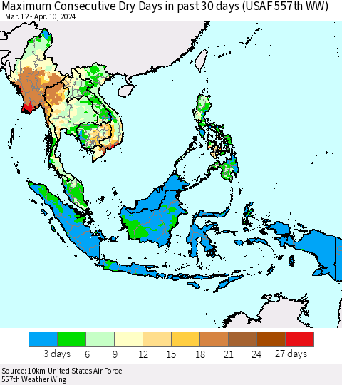 South East Asia Maximum Consecutive Dry Days in past 30 days (USAF 557th WW) 04/10/2024 Thematic Map For 4/6/2024 - 4/10/2024