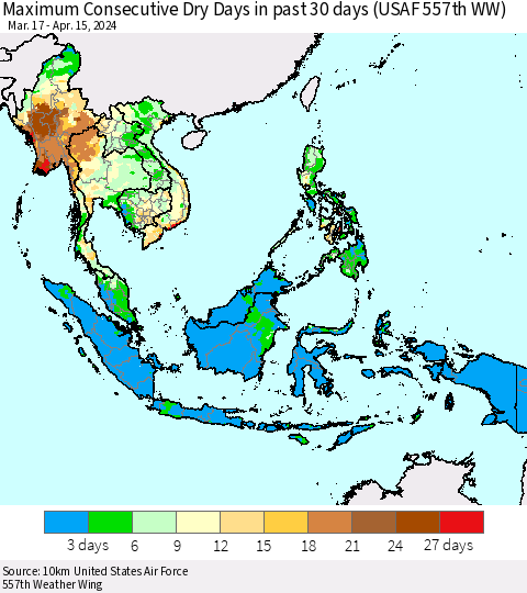 South East Asia Maximum Consecutive Dry Days in past 30 days (USAF 557th WW) 04/15/2024 Thematic Map For 4/11/2024 - 4/15/2024