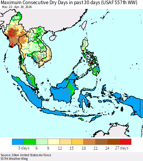 South East Asia Maximum Consecutive Dry Days in past 30 days (USAF 557th WW) 04/20/2024 Thematic Map For 4/16/2024 - 4/20/2024