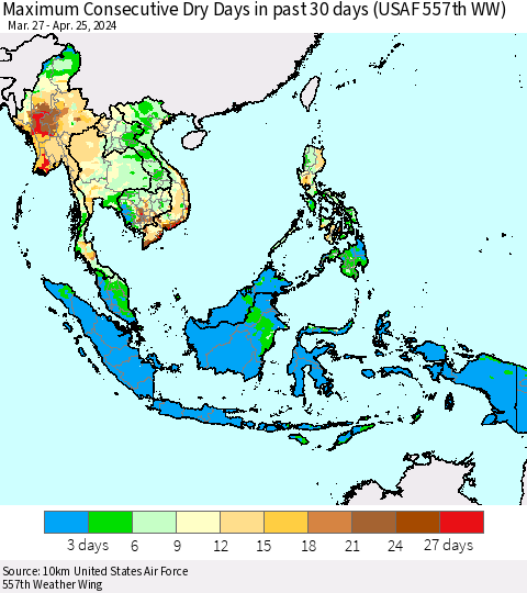 South East Asia Maximum Consecutive Dry Days in past 30 days (USAF 557th WW) 04/25/2024 Thematic Map For 4/21/2024 - 4/25/2024