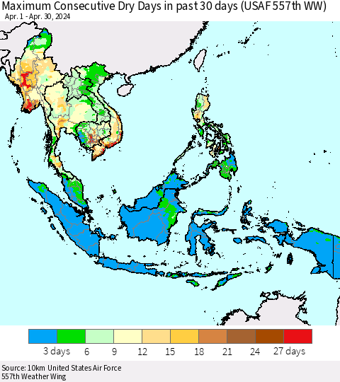 South East Asia Maximum Consecutive Dry Days in past 30 days (USAF 557th WW) 04/30/2024 Thematic Map For 4/26/2024 - 4/30/2024