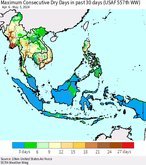 South East Asia Maximum Consecutive Dry Days in past 30 days (USAF 557th WW) 05/05/2024 Thematic Map For 5/1/2024 - 5/5/2024