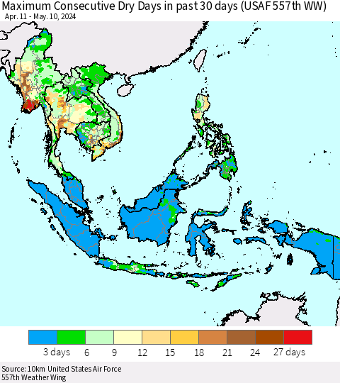 South East Asia Maximum Consecutive Dry Days in past 30 days (USAF 557th WW) 05/10/2024 Thematic Map For 5/6/2024 - 5/10/2024