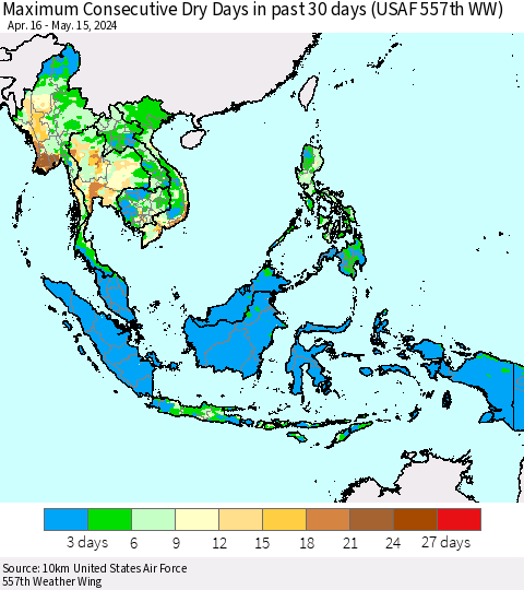 South East Asia Maximum Consecutive Dry Days in past 30 days (USAF 557th WW) 05/15/2024 Thematic Map For 5/11/2024 - 5/15/2024