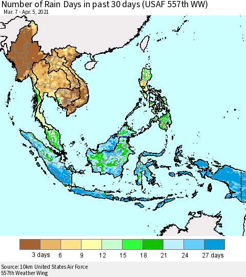 South East Asia Number of Rain Days in past 30 days (USAF 557th WW) 04/05/2021 Thematic Map For 4/1/2021 - 4/5/2021