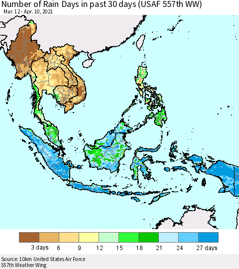 South East Asia Number of Rain Days in past 30 days (USAF 557th WW) 04/10/2021 Thematic Map For 4/6/2021 - 4/10/2021